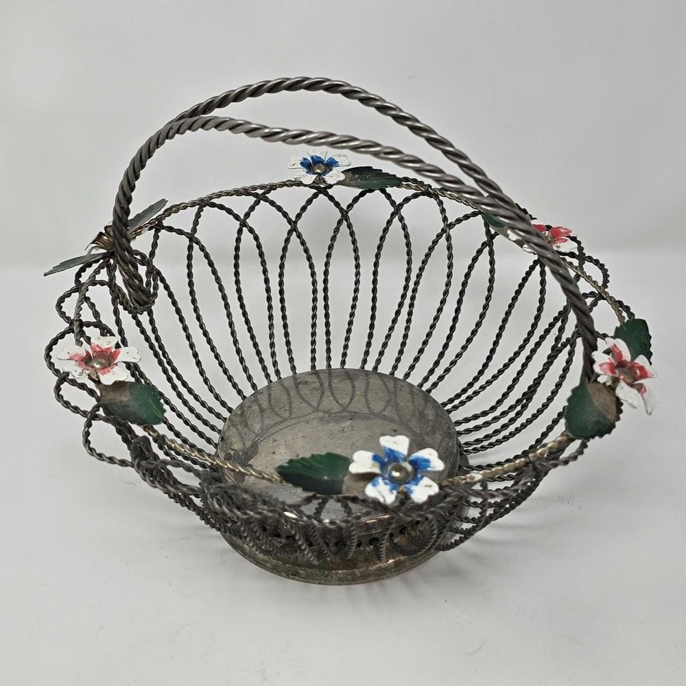 Vtg chrome metal wire fruit‎ bowl basket retro flower kitchen décor rustic